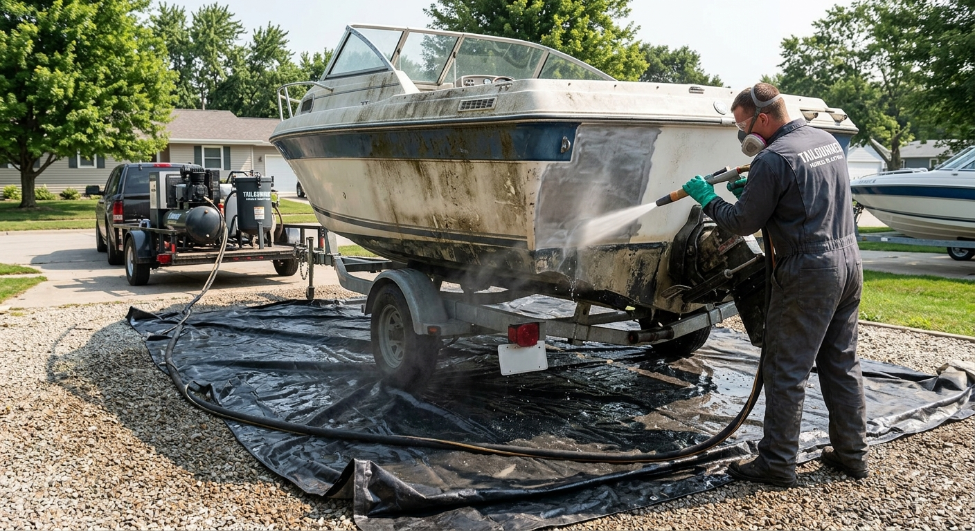 Technician performing mobile dustless marine blasting on a boat hull in a driveway in Cedar Rapids Iowa