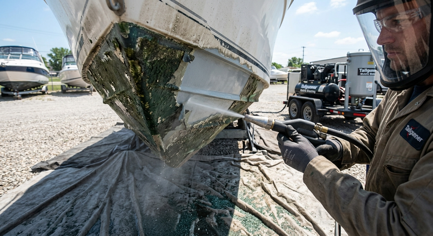 Close up of precision dustless blasting removing antifouling paint off a fiberglass boat hull without damaging gelcoat