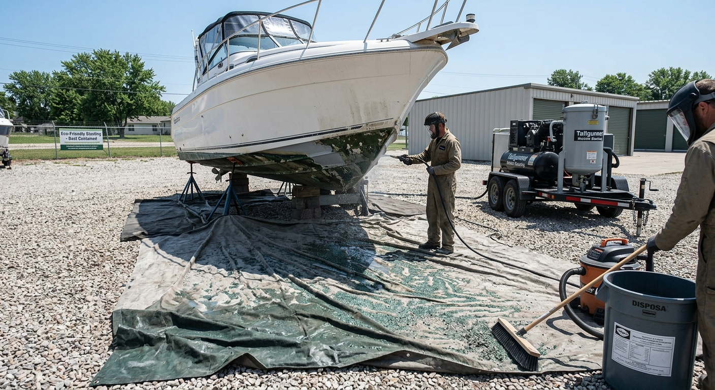 Technicians cleaning up spent crushed glass media on heavy ground tarps beneath a boat in Cedar Rapids IA