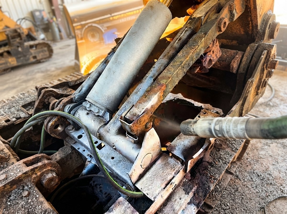 Close-up of heavy rust scale, moisture damage, and flaking paint on industrial machinery frame joints.