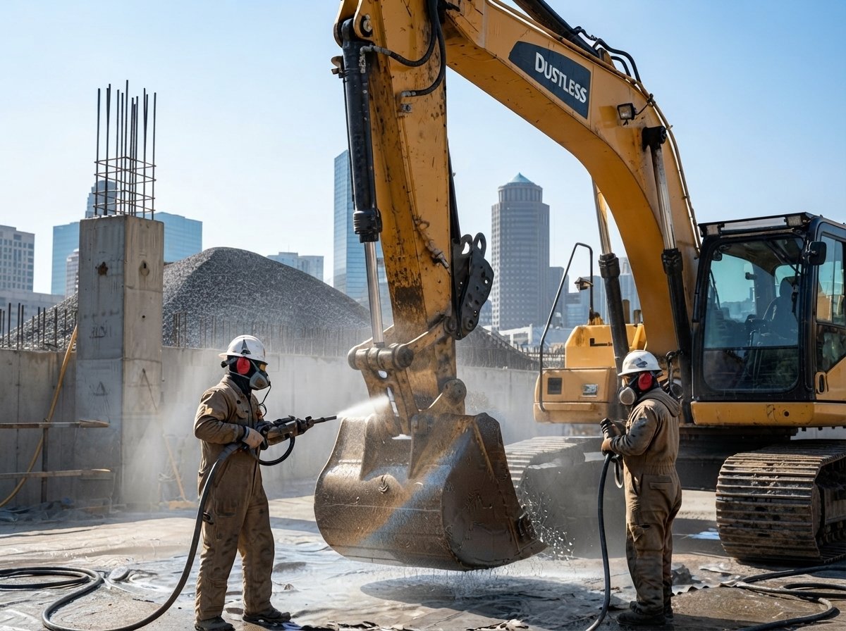 Mobile dustless blasting operator stripping rust and paint off an excavator boom on an active site.